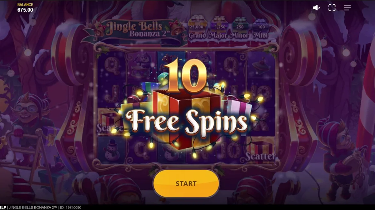 Tampilan layar permainan slot Jingle Bells Bonanza 2 dengan gulungan di kereta luncur Sinterklas dan pemandangan Natal bersalju.