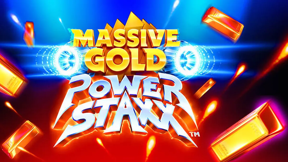 Tampilan visual futuristik dari slot Massive Gold Power Staxx dengan latar belakang galaksi neon.